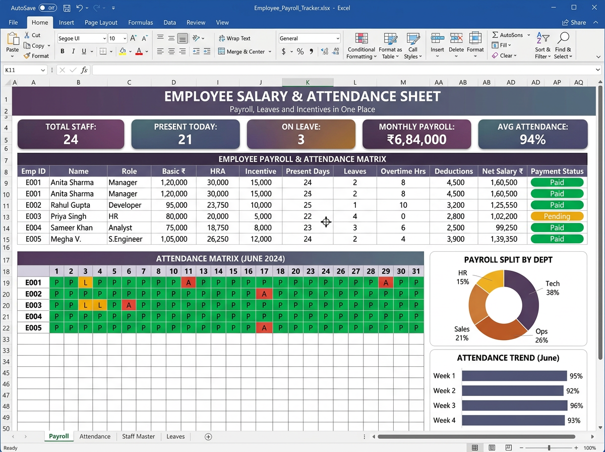 Employee Salary & Attendance Sheet — HR & Team tool preview